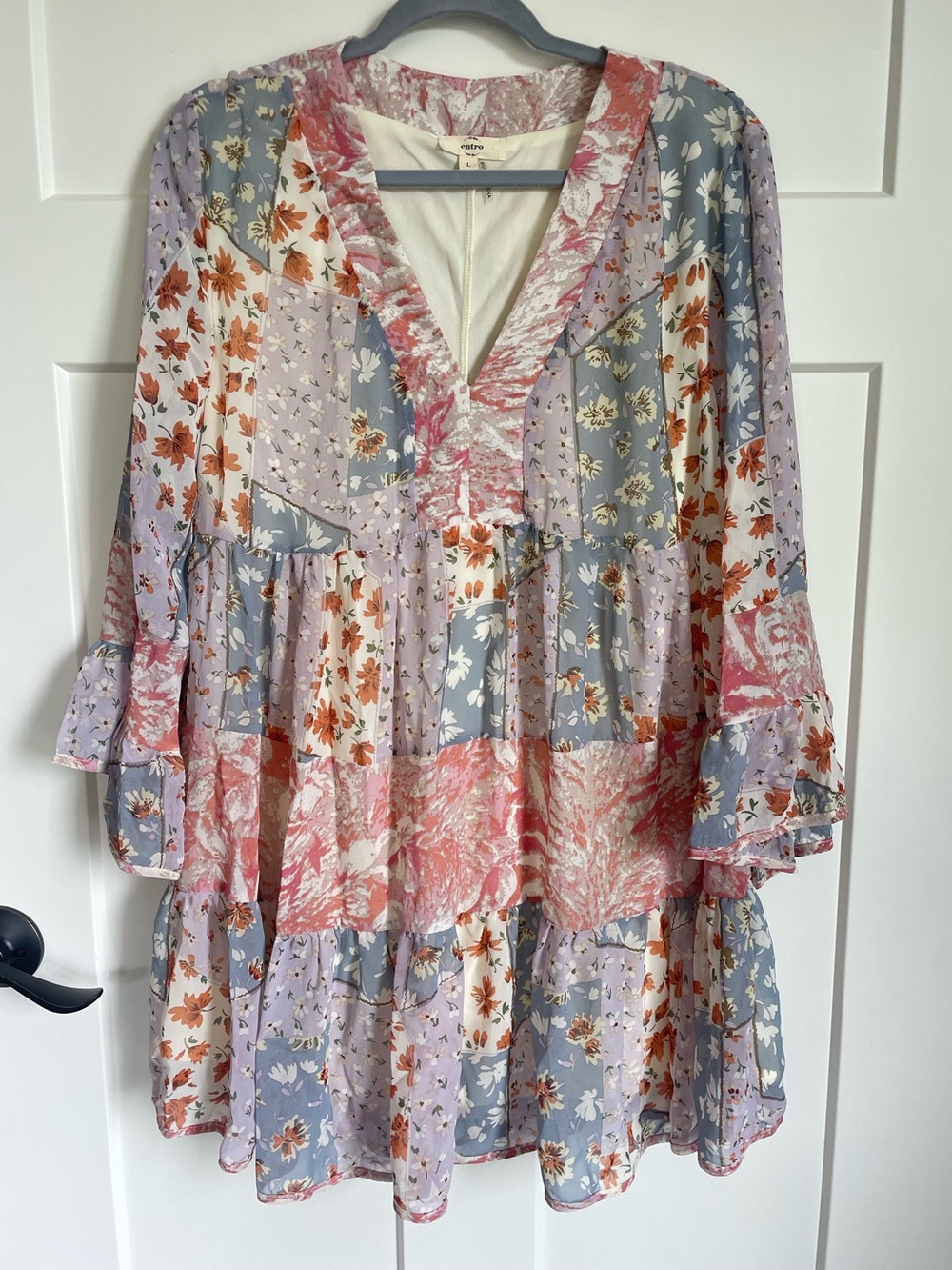Floral Patchwork Tiered V-Neck Tunic Dress Sz L - Picture 2 of 9